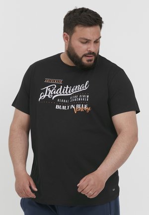 Black cotton T-shirt with white and orange graphic text reading "Authentic Traditional Built in Blue Vintage." Short sleeves, crew neck.