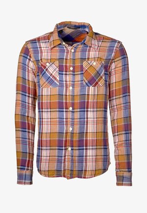 Chemise à manches longues boutonnée avec un motif à carreaux multicolores en orange, bleu, blanc et rouge, comprenant deux poches poitrine avec boutons.