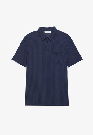 Navyblauw polo shirt met korte mouwen, gemaakt van textuurstof. Voorzien van een knoopsluiting en een borstzak. Klassiek kraagontwerp.
