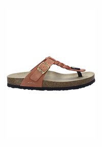 Ruske faux-nahke slip-on sandalit, joissa on punottu hihna, säädettävä solki ja korkkipohja. Musta kumipohja tarjoaa pitoa ja mukavuutta.