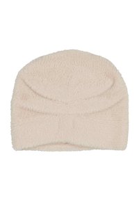 Cream-colored fuzzy knit beanie with a soft texture and subtle horizontal ribbed pattern.