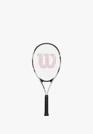 Wilson tennis racket, featuring a black and white frame with red accents, a patterned string bed, and a textured black grip handle.