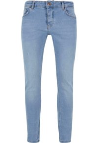 Világoskék farmernadrág, slim fit szabással, enyhe kopásokkal, öt zsebes dizájnnal, valamint gombos záródással és fémbetéttel a deréknál.