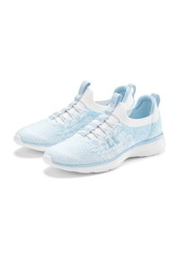 Light blue athletic shoes with a textured knit upper, white accents, and a flexible sole. Features pull tabs on the heel and tongue.