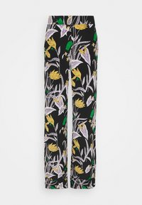 Vida byxor med vid läm, i ett svart tyg med blommönster i gult, vitt och grönt. Slät textur med elastisk midja.