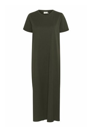 Robe maxi vert olive à manches courtes en tissu doux. Caractéristiques : coupe décontractée et décolleté rond, sans motifs ni accents visibles.