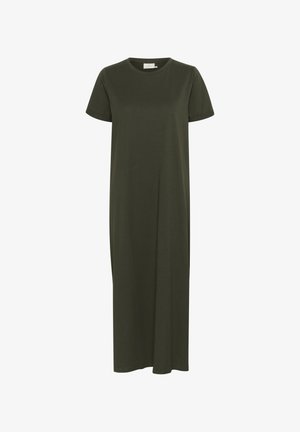 Olivno zelena, kratkosleva maksi obleka, izdelana iz mehke tkanine. Ima sproščen kroj in okrogli izrez, brez vidnih vzorcev ali dodatkov.