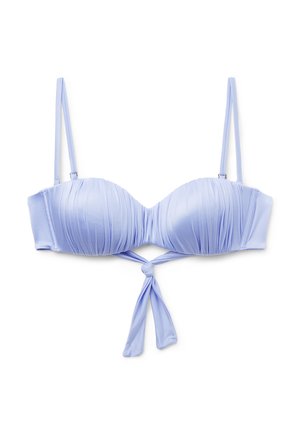 Haut de bikini lilas clair avec un design froncé, des bretelles réglables et un détail de nœud à l'avant. Fabriqué en tissu lisse et extensible.