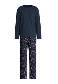 Donkerblauw lange mouwen pyjama shirt met een zak, gecombineerd met een broek met een patroon van bloemen en speelse motieven op een donkere achtergrond.