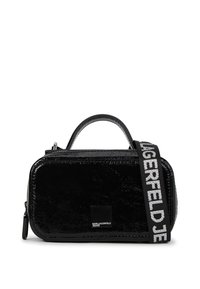 Czarna, błyszcząca, prostokątna torebka z górnym uchwytem i odczepianym paskiem, z napisem "KARL LAGERFELD JEANS" w białym kolorze.