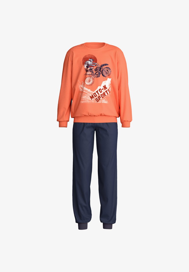 Sweat-shirt orange à manches longues avec un graphisme de motard de motocross et le texte « MOTO-X SPORTS », associé à un pantalon de jogging bleu marine.