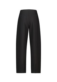 Zwarte wijde broek met hoge taille, achterzakken met paspel en kleine spleten aan de onderkanten van de broekspijpen, weergegeven vanuit de achterkant.