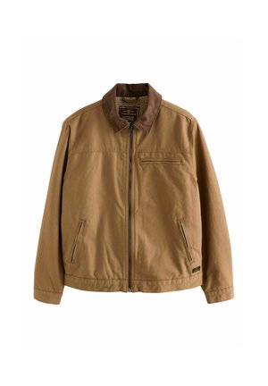 Bruine zip-up jas met een contrasterende textuurkraag, zijzakken en een borstzak. Gemaakt van duurzame stof met een ontspannen pasvorm.