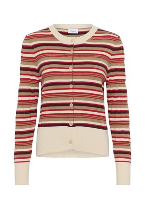 Cardigan boutonné à rayures horizontales beige, marron, rouge et crème, avec manches longues et encolure ronde.