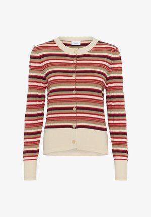 Cardigan boutonné à rayures horizontales beige, marron, rouge et crème, avec manches longues et encolure ronde.