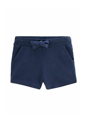 Shorts bleu marine pour tout-petits avec ceinture élastique, nœud coulissant en tissu et poches latérales sur fond blanc.