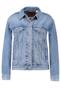 Light blue denim jacket with a classic design. Features button closure, two chest pockets, and a collared neckline with stitching detail.
