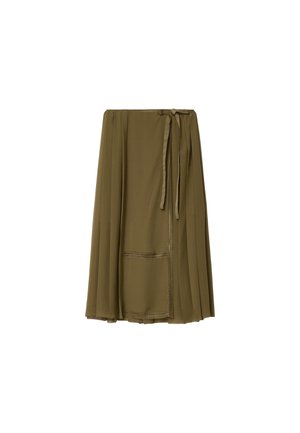 Olivgrüner Midirock zum Wickeln mit Falten und Bindeschluss, mit dezenten Spitzenverzierungen entlang der Kanten des vorderen Panels.