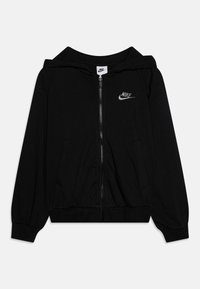 Hoodie preto da Nike com fecho à frente, bolsos laterais e um pequeno logótipo no lado esquerdo do peito. Apresenta um corte descontraído e punhos canelados.