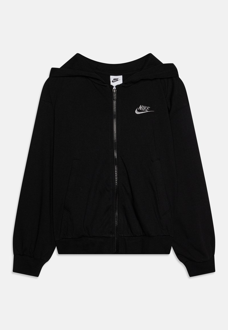 Hoodie preto da Nike com fecho à frente, bolsos laterais e um pequeno logótipo no lado esquerdo do peito. Apresenta um corte descontraído e punhos canelados.