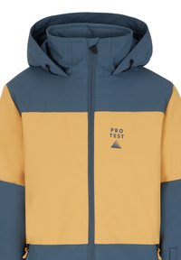 Blaue und gelbe Kapuzenjacke mit Reißverschluss. Verfügt über ein Farbblock-Design und ein Logo auf der Brust. Hergestellt aus glattem, wetterfestem Material.