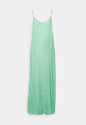 Mintgroene mouwloze maxi-jurk van lichtgewicht stof, met dunne bandjes en een vloeiende, rechte silhouet.