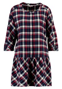 Robe à carreaux avec des motifs bleu marine, rouge et blanc, dotée de manches trois-quarts, d'un col rond et d'un ourlet de jupe froncé.