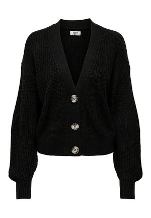 Cardigan noir en maille épaisse avec un décolleté en V profond, des poignets côtelés et trois gros boutons ronds sur le devant.