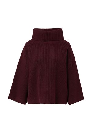 Maglione a coste borgogna con maniche ampie e colletto alto ripiegato, esposto su uno sfondo bianco.