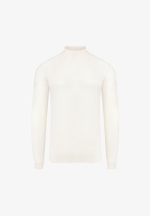 Biały sweter z wysokim kołnierzem, wykonany z miękkiego materiału, z długimi rękawami, dopasowanym fasonem oraz ściągaczami przy mankietach i dekolcie. Bez wzorów ani akcentów.