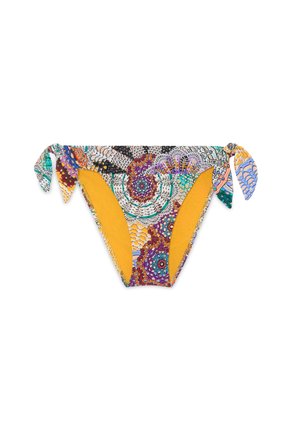 Colorful bikini bottom with a patterned outer layer and yellow lining, featuring tie side straps and a triangular shape.