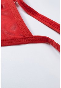 Red bralette featuring a mesh panel with smooth, satin-like edges. Adjustable straps with reinforced stitching. No additional embellishments.