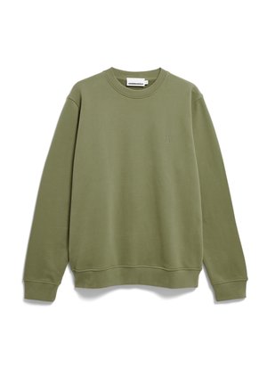 Olijfgroene sweatshirts van zachte stof met een ronde hals, geribbelde manchetten en zoom; beschikt over een subtiel geperst logo op de borst.