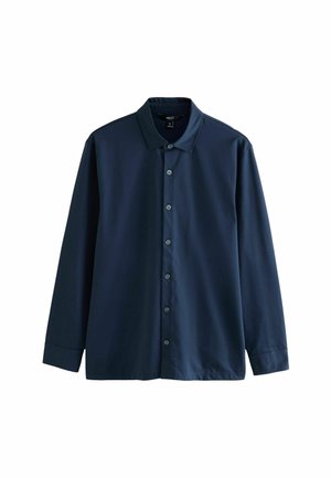 Navy blue long-sleeve button-up shirt with a classic collar, displayed flat on a white background.