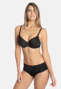 Black bra with lace accents and underwire, paired with matching black hipster panties featuring embroidered detail. Smooth fabric texture.