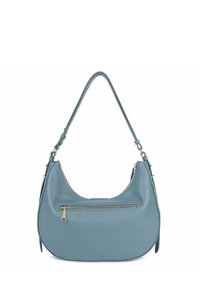 Zachte blauwe leren schoudertas met een gebogen vorm, voorzien van een voorvak met rits en een verstelbare schouderriem. Accenten in goudkleurig hardware.