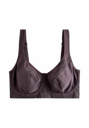 Drahtloser Sport-BH aus dunkelviolettem Stoff, mit strukturierten Körperschalen, breiten verstellbaren Trägern und nahtloser Verarbeitung für Komfort und Unterstützung.