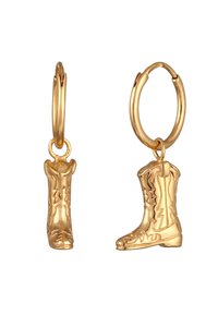 Créoles en or ornées de petits pendentifs en forme de bottes de cowboy, avec des motifs et des textures décoratifs, présentant une finition brillante.