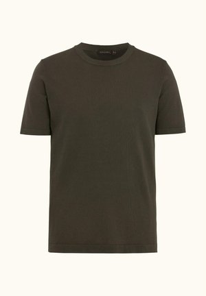 Mørke olivengrøn kortærmet rundhalset strikket t-shirt med ribkant, vist på en neutral baggrund.