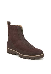 Brown suede ankle boots with a front zipper, textured body, and rugged thick sole. Features a pull tab on the back for easy wear.
