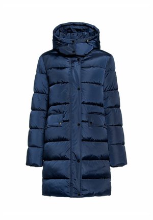 Granatowa kurtka puchowa z odpinanym kapturem, zapięciem na napy, pionowym pikowaniem i dwoma przednimi kieszeniami. Gładki, błyszczący materiał.