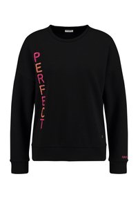 Sort sweatshirt med ribkant ved ærmer og hals. Har ordet "PERFECT" broderet i farverige bogstaver langs venstre side. Simpelt design.