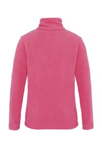 Pullover in pile di colore rosa brillante, con colletto alto e maniche lunghe. Tessuto morbido con cuciture minime e senza hardware visibile.