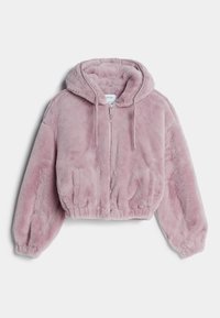 Zachte pastelroze pluche hoodiejack met een rits aan de voorkant, trekkoordcapuchon, elastische manchetten en een cropped pasvorm.