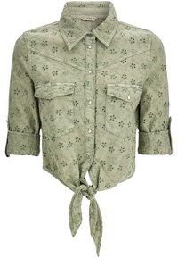 Light green cropped shirt with floral eyelet embroidery, front tie, button-down closure, rolled half sleeves, and two chest flap pockets.