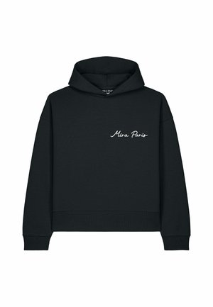 Schwarzer Kapuzenpullover mit langen Ärmeln und weißem ""Mira Paris""-Text, der auf der linken Brustseite gestickt ist.