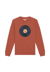 Rustgekleurde sweatshirt van zachte stof, met een gedrukte cirkelvormige design dat lijkt op een vinylplaat in donkerblauw en beige tinten.