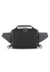Borsa in tessuto grigio con texture a rete, forma rettangolare, manico superiore e cinghie laterali. Caratterizzata da una chiusura con zip e dettagli in metallo.