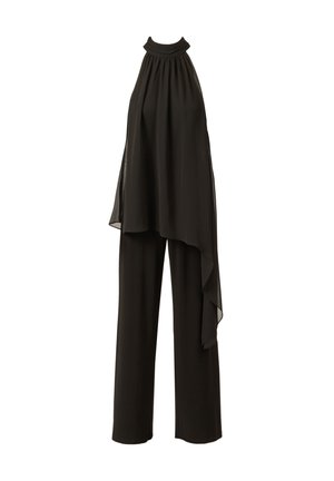Schwarzer ärmelloser Jumpsuit mit Neckholder, weitem Bein und asymmetrischem, transparentem Überwurf, der seitlich drapiert ist.