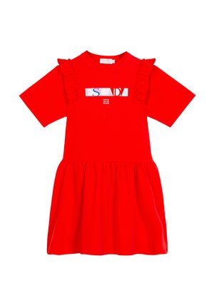 Rotes Kurzarmkleid mit gerafften Schulterdetails, angesetztem Rock und mehrfarbigem "ESCADA"-Logo auf der Brust.
